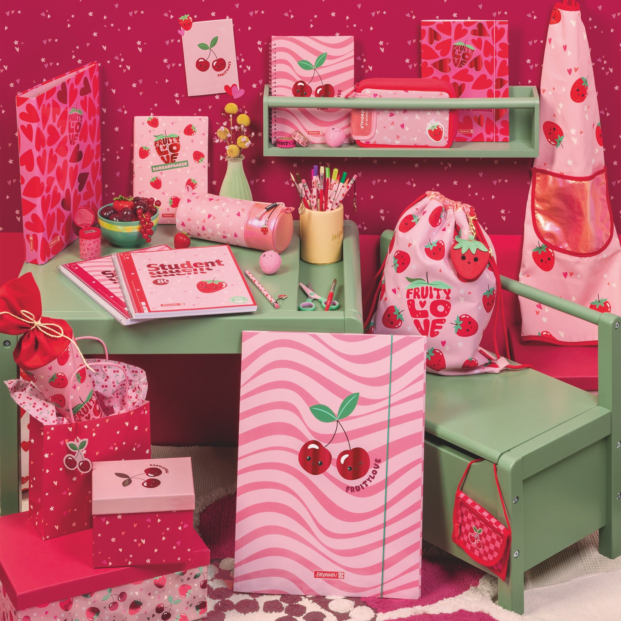 BRUNNEN Schulpinsel 8er-Set · Fruity Love · Rosa-Rot · Etui