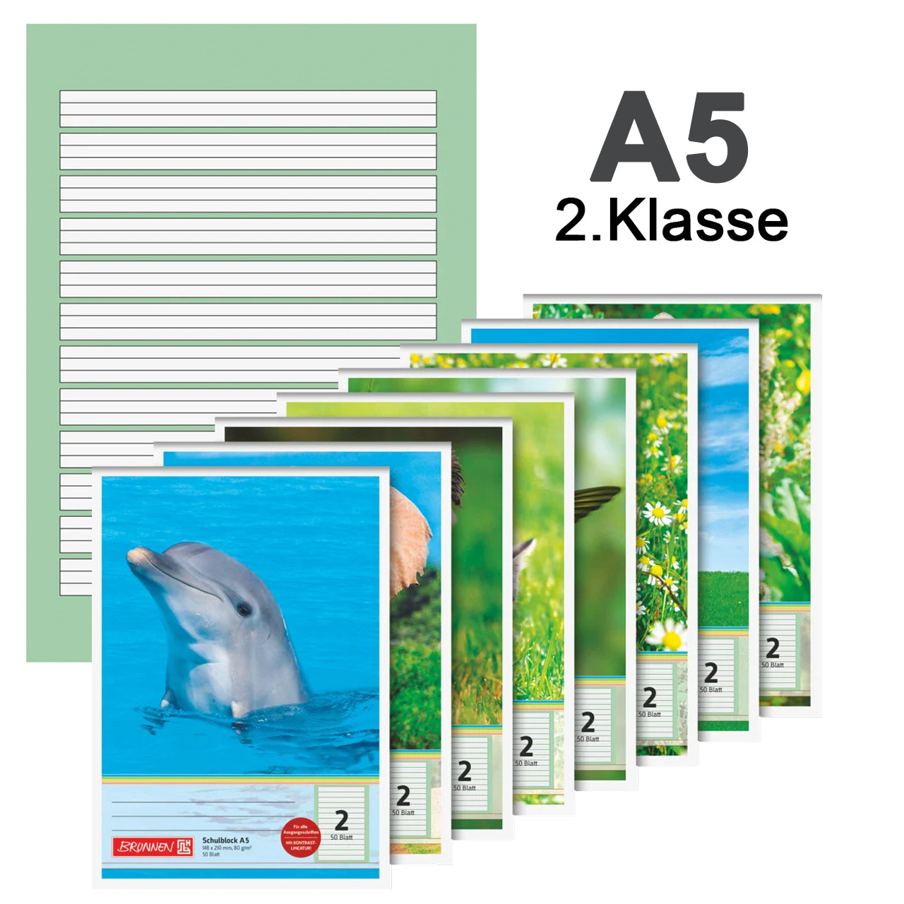 BRUNNEN Schulblock A5 · Kontrast-Lineatur 2 · farbig hinterlegt · 2. Klasse