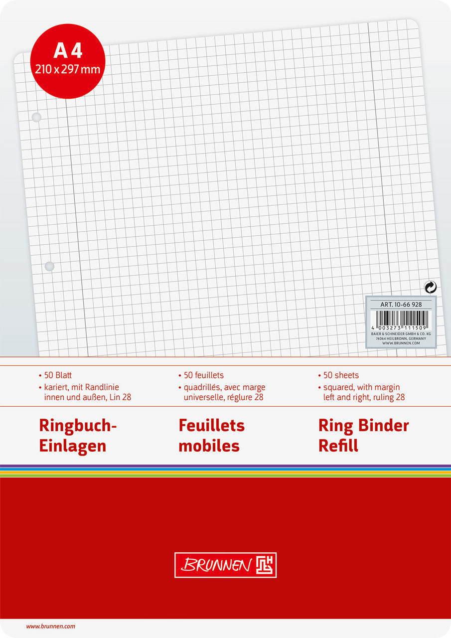 Brunnen Ringbucheinlagen A4 · kariert · Lineatur 28 · mit Doppelrand