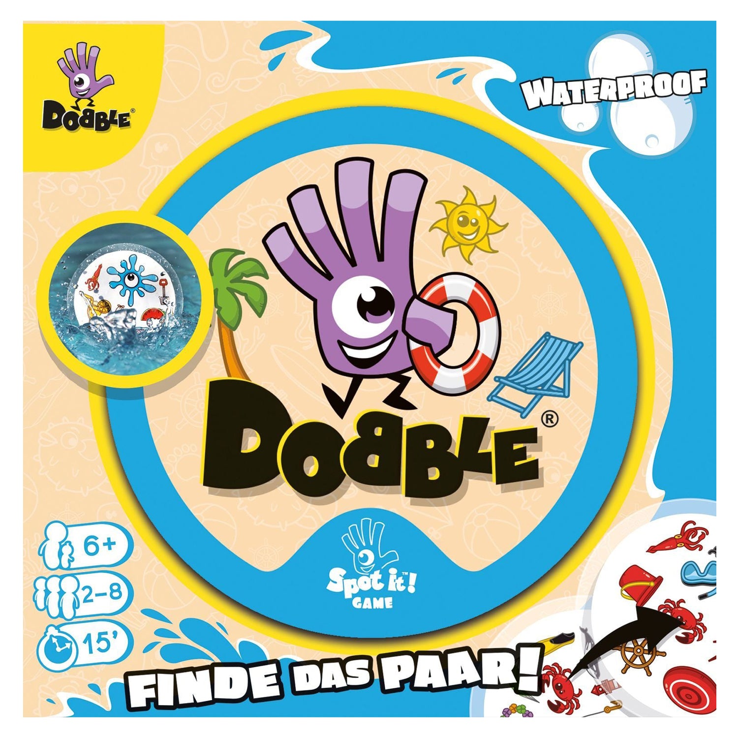 Dobble Kartenspiel · Waterproof · Beobachtungs- und Reaktionsspiel für 2–8 Spieler