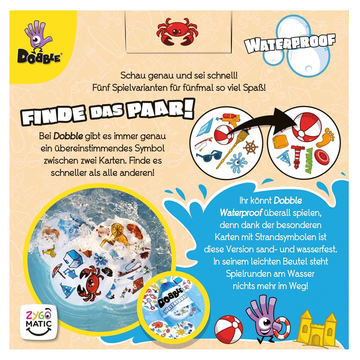 Dobble Kartenspiel · Waterproof · Beobachtungs- und Reaktionsspiel für 2–8 Spieler