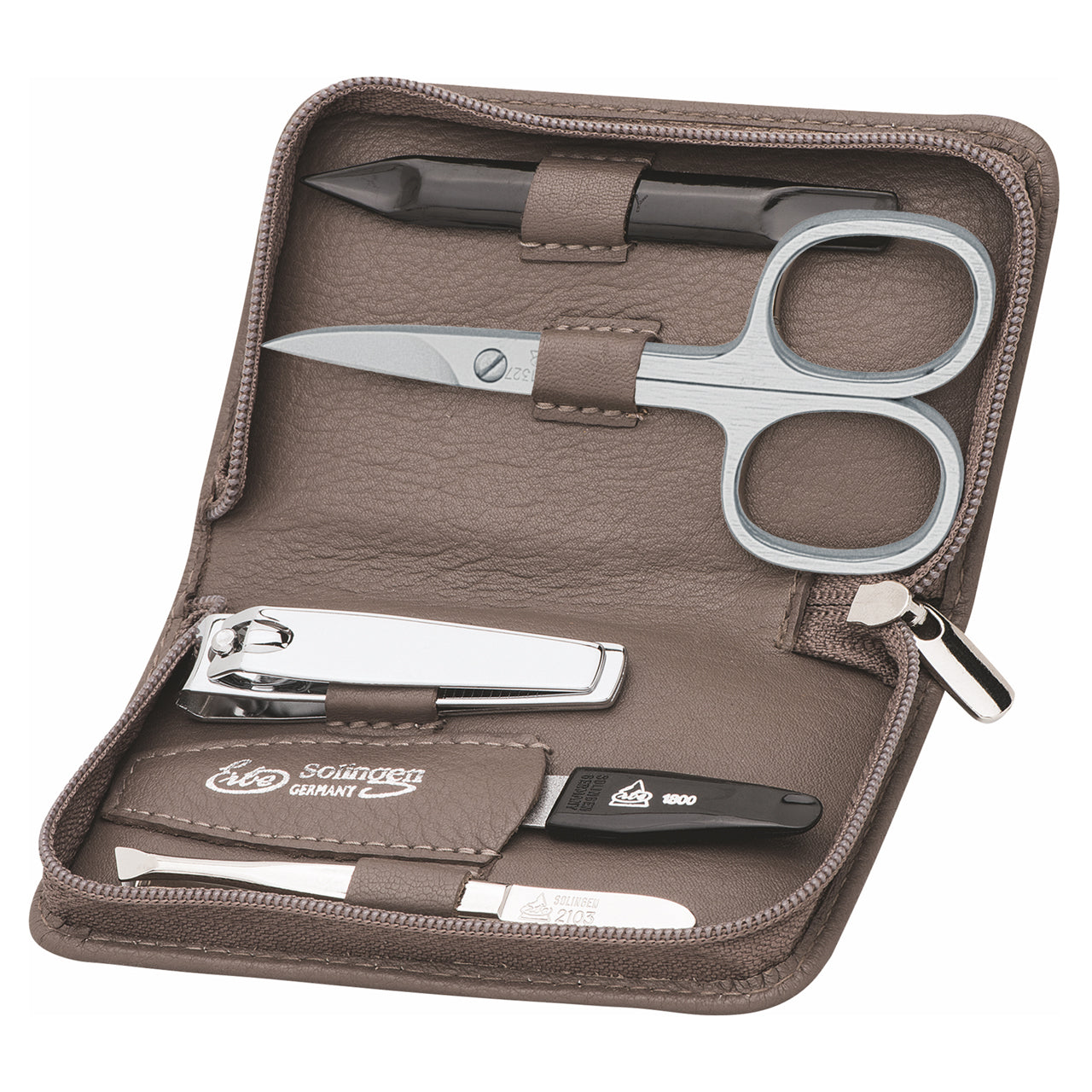 Erbe-Manikuere-Set-5-tlg-Linkshaender-Reissverschluss-9209-RV-Etui-taupe-offen-online-kaufen-lafueliki