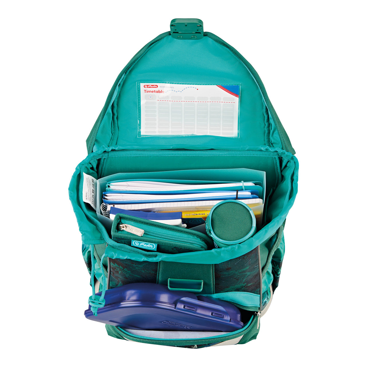 Herlitz-Schulranzen-UltraLight-Plus-Green-Rex-Dinosaurier-4008110358444-ranzen-offen-mit-inhalt-lafueliki