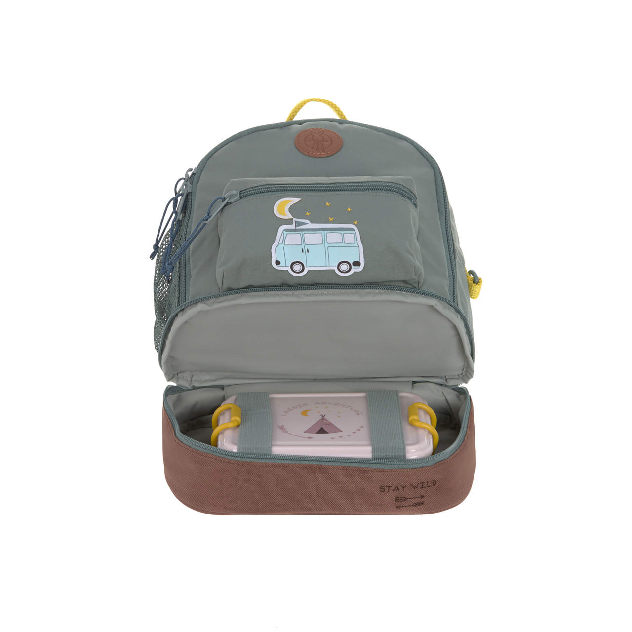 Laessig-Kindergartenrucksack-Adventure-bus-gruen-offen-mit-brotdose-1203001462-lafueliki