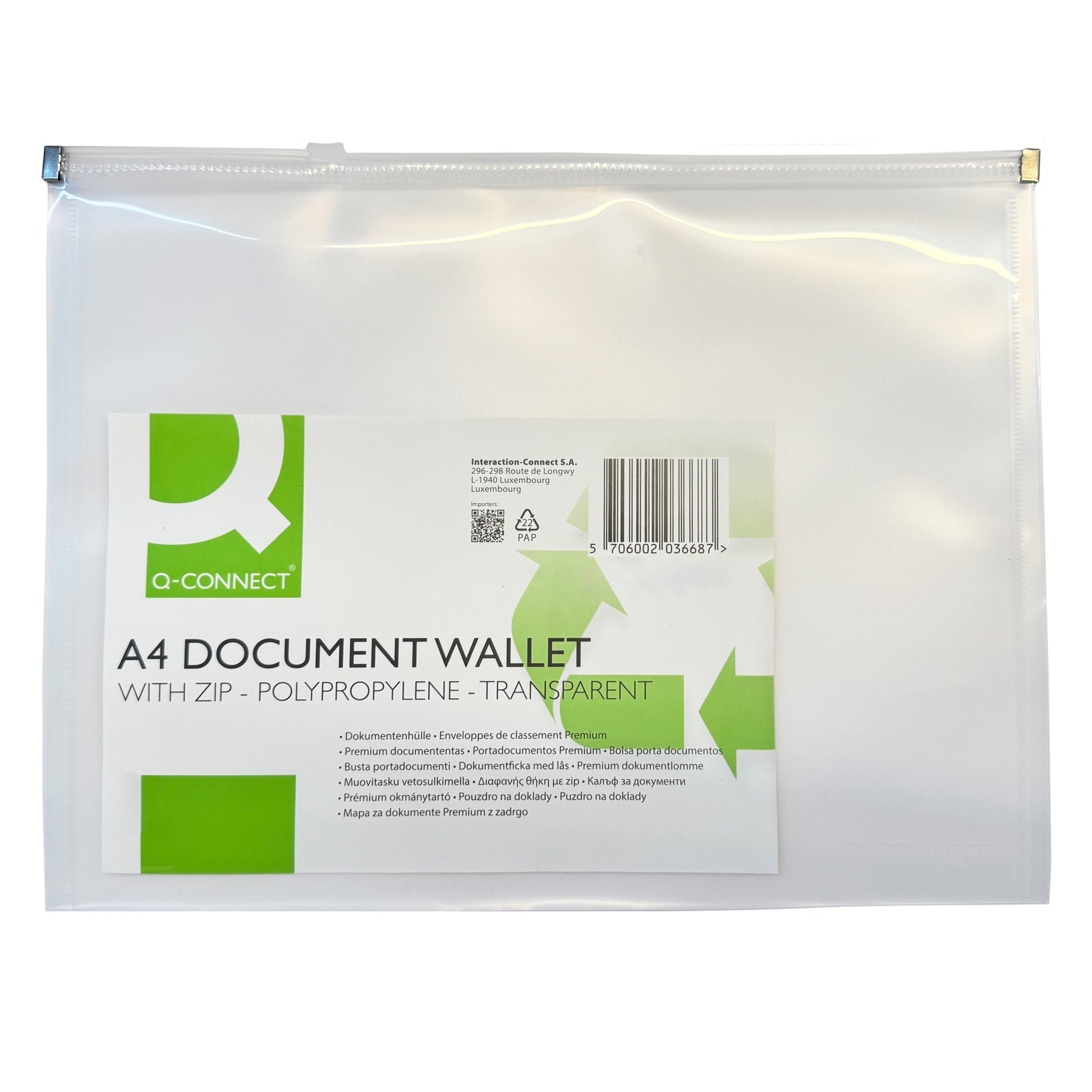 Q-CONNECT Dokumentenhülle mit Zip · Premium · A4 · transparent