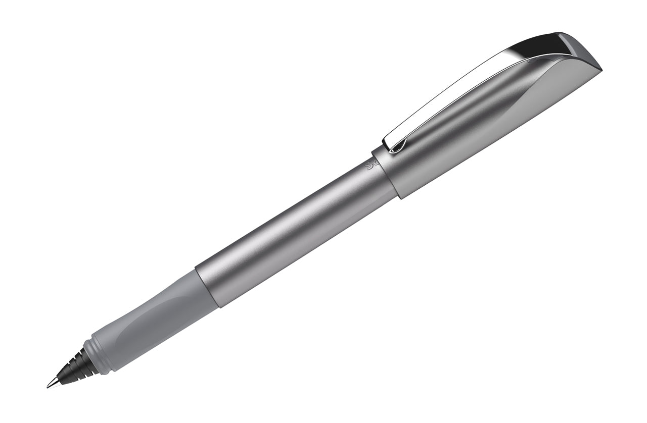 Schneider-Tintenroller-Ceod-Shiny-grau-silber-mit-metallspitz-nicht-radierbar-186221-kappe-auf-stift-lafueliki