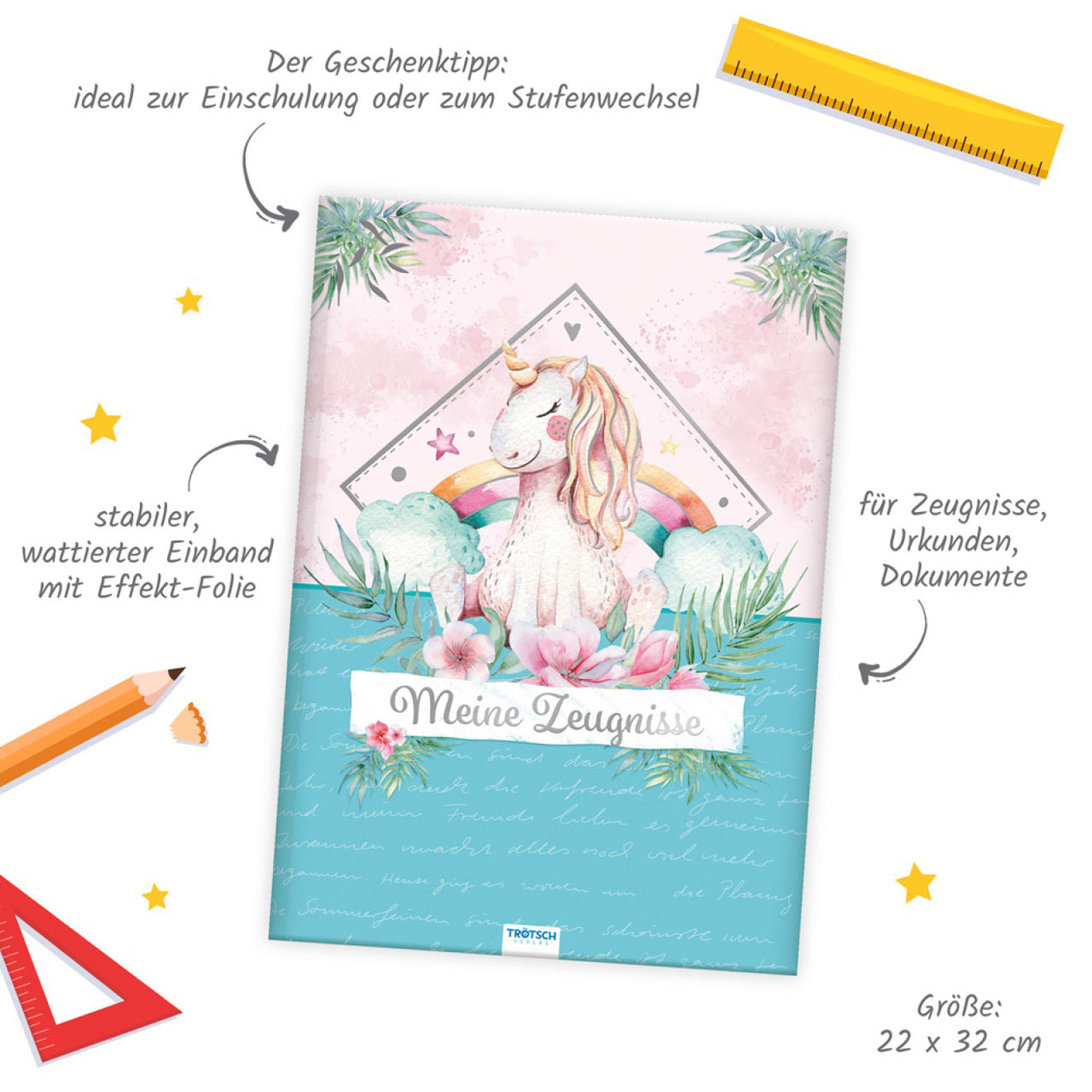 TRÖTSCH Zeugnismappe A4 · Einhorn · 10 Einsteckfolien · Effekt-Folie