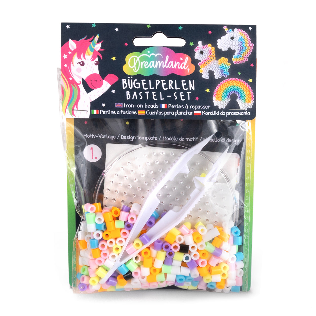 Trendhaus-Buegelperlen-Bastelset-3-motive-Einhorn-Regenbogen-961112-DREAMLand-ovp-lafueliki