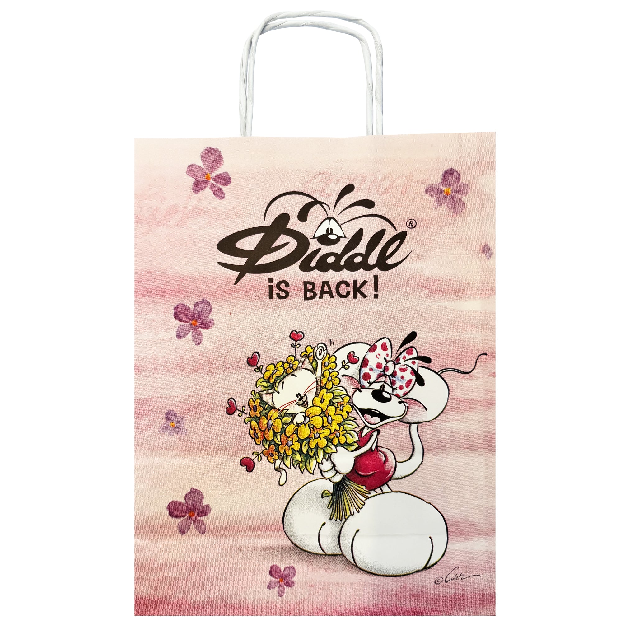 Diddl Geschenktüte groß · Rosa · Diddl & Diddlina mit Blumen